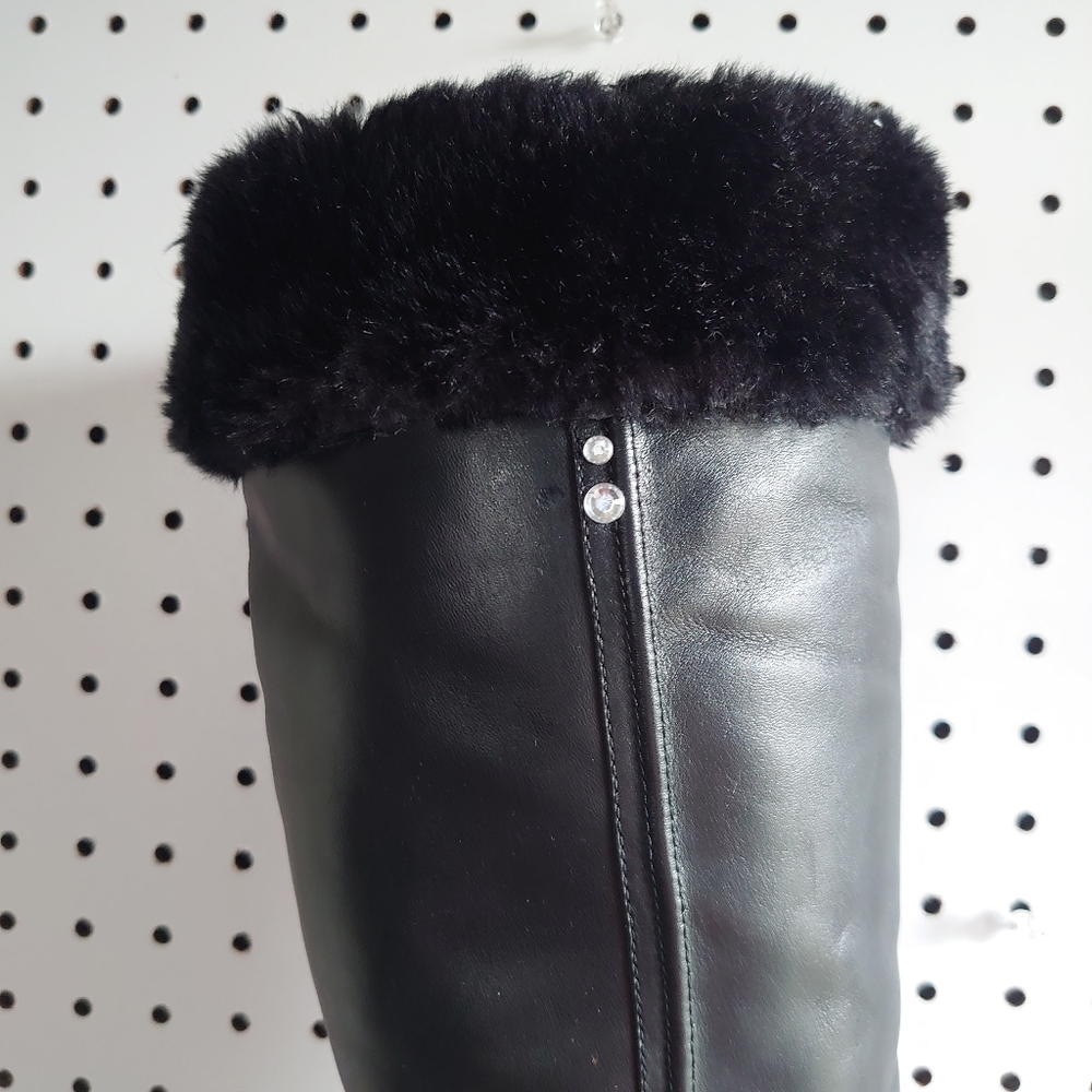 Westies Chunky Heel Block Leather, Fur And Rivet Rhinestone Winter Boots Black - Picture 13 of 14